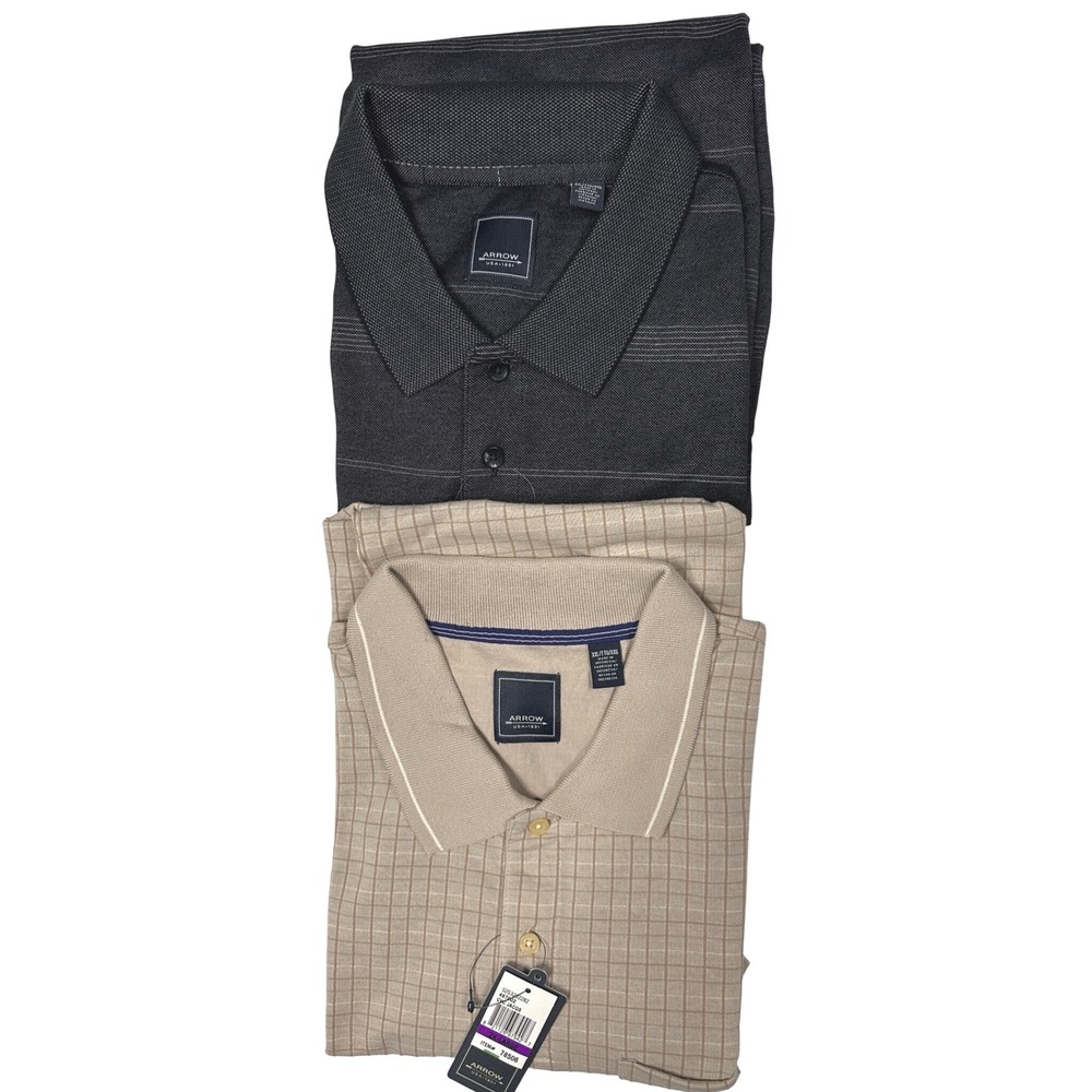TWO New Arrow Polo Shirt Mens 2XLT 1 Gray Striped 1 Tan Short‎ Sleeved Golf Dad